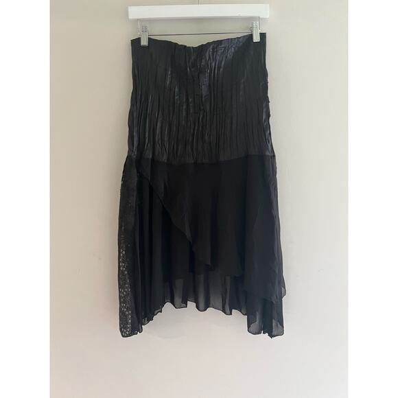 Hazel Anthropologie 100% Silk Midi Skirt w Lace Asymmetrical Hem Split Medium JL - Picture 5 of 9